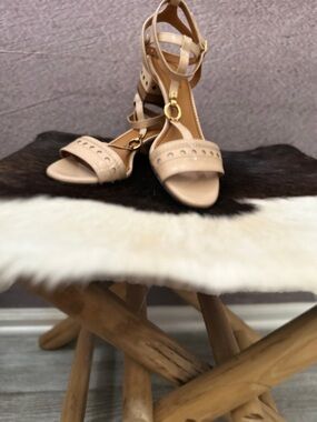 Chloe Beige Brogues Patent Leather Perry T Strap Sandals- Size 38.5